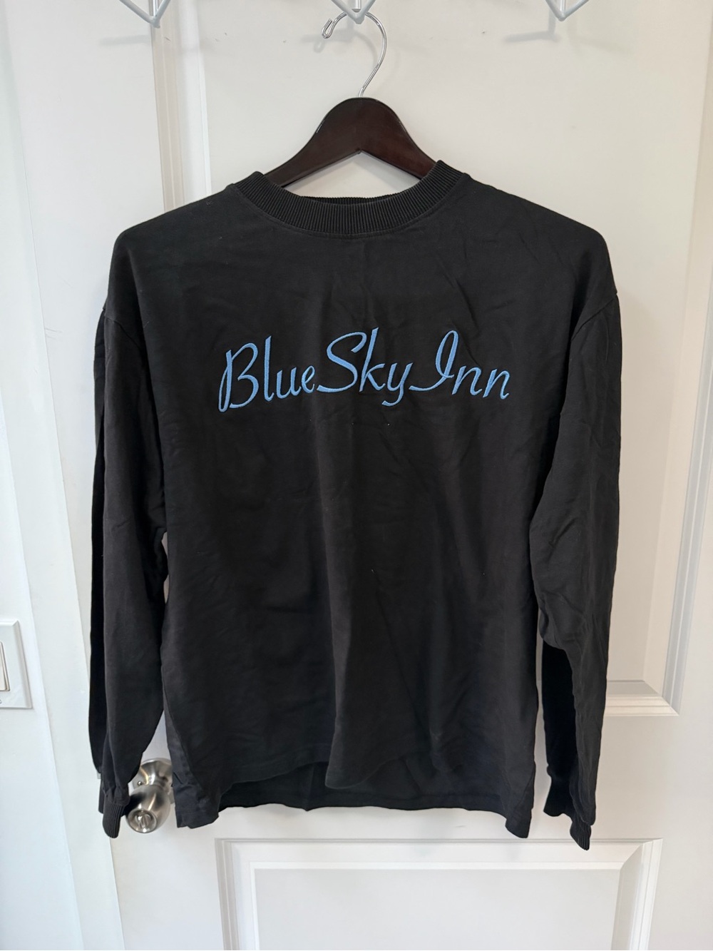 Black Crewneck Sweater with Blue Script